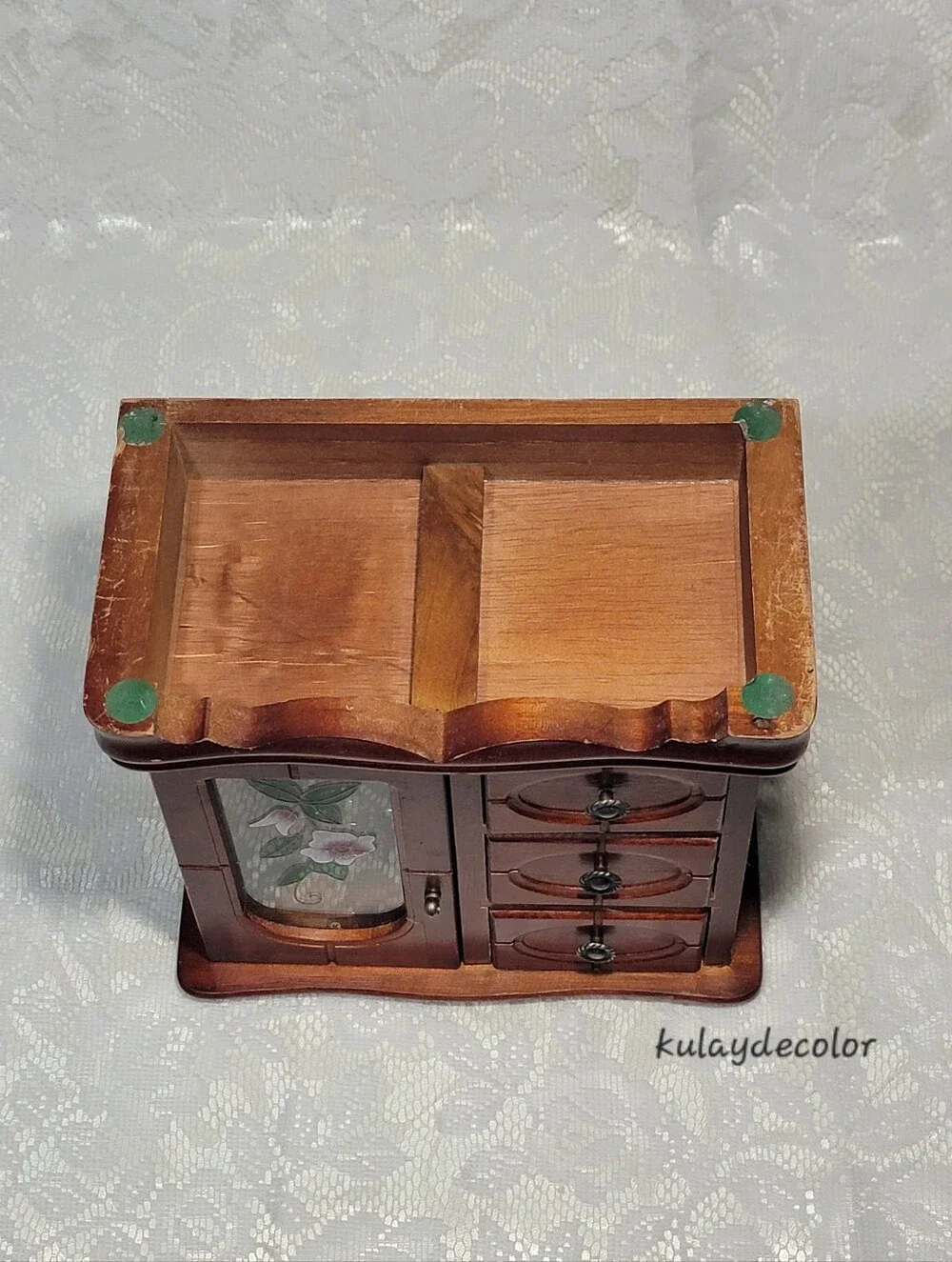 Vintage Wooden Jewelry Box Organizer 3 Drawer Mirrored Floral Glass Door Trinket